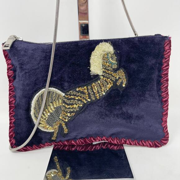 Steve Madden Pegasus Crossbody Shoulder Bag Blue Velvet Gold Sequins Zip Top - Picture 2 of 10